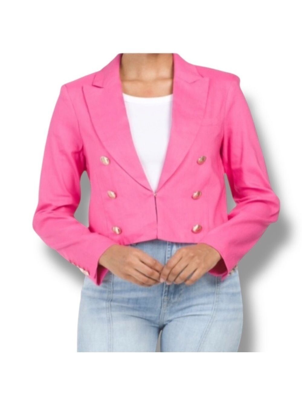 NWT House of Harlow 1960 Pink Gold Cropped Double Breasted Blazer - Large